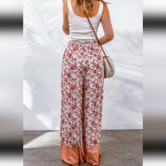 Red Floral Print Shirred High Waist Wide Leg Pants! - Picture 3 of 7